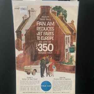 Vintage 1961 Pan Am Airlines Jet Fares to Europe as Low as $350 Ad Advertisement
